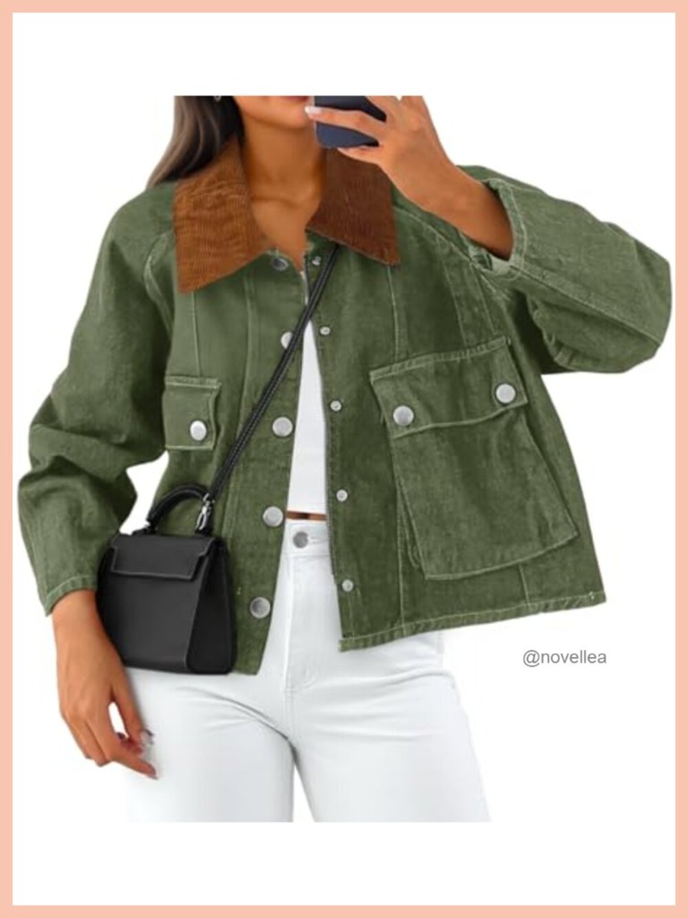 Cropped Denim Jacket Cotton Blend Corduroy Collar Button Down Zip Loose Fit